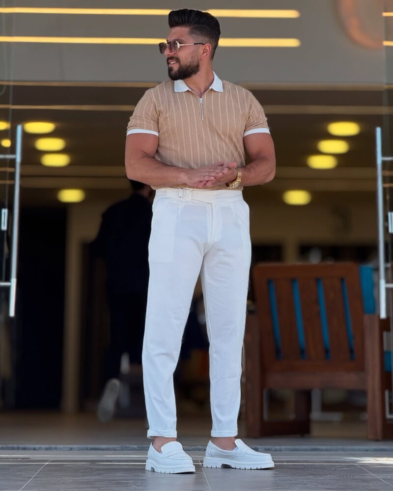 Beige with White Polo Neck