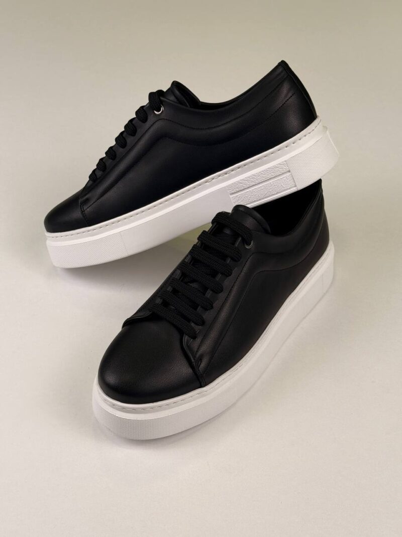 Black/White Leather Sneakers - Image 2