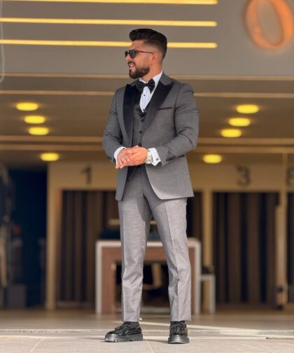 Full Gray Tuxedo Peak Lapel Suit
