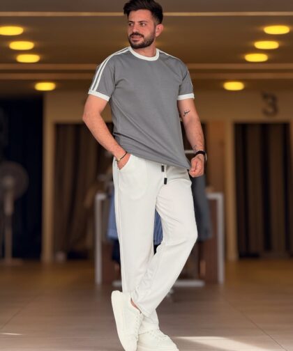 Gray/White Cotton Round Neck Set