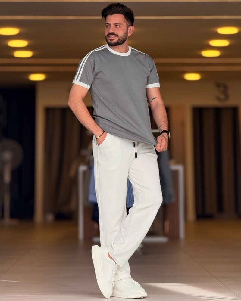 Gray/White Cotton Round Neck Set