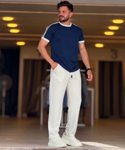 Navy Blue/White Cotton Round Neck Set