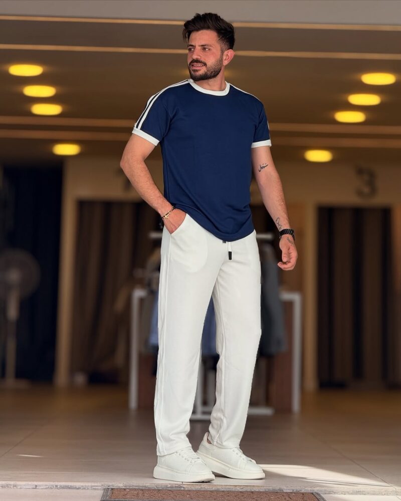 Navy Blue/White Cotton Round Neck Set