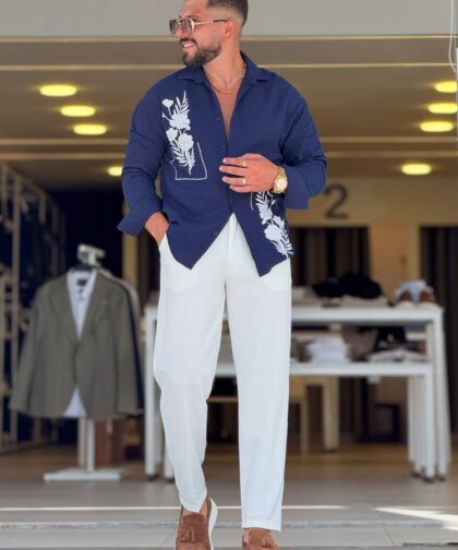 Navy Blue/White floral Linen Chemise
