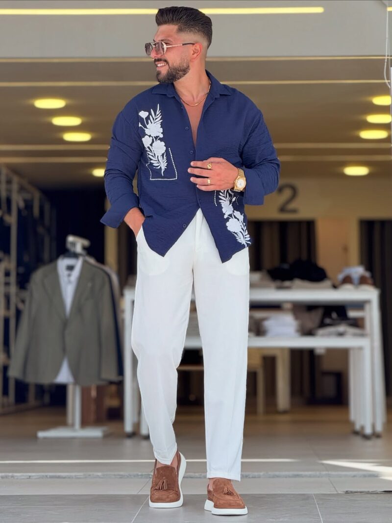 Navy Blue/White floral Linen Chemise